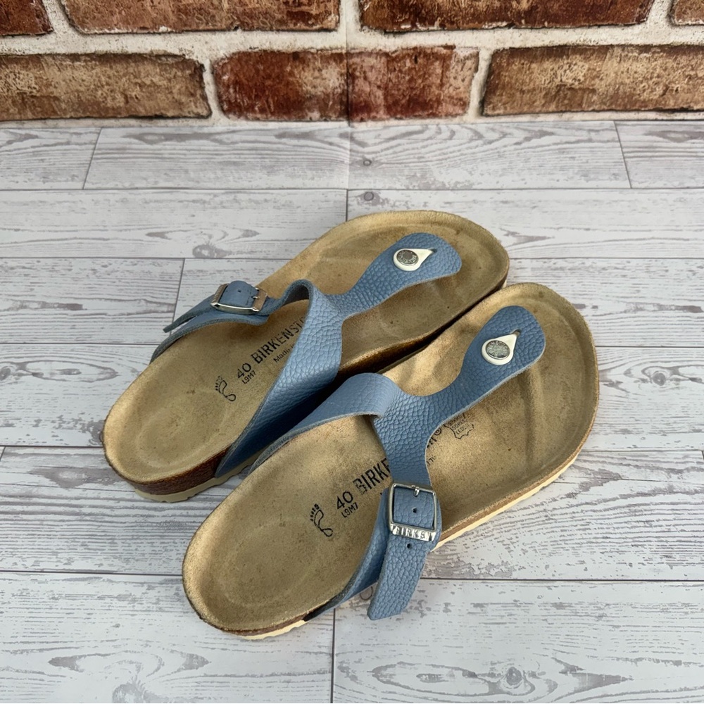 Birkenstock Gizeh Birko Flor Slide Sandals Blue Patent Cork EU 40, US 9 W 7M